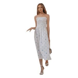 H&M Smocked Bodice Maxi Dress White Wildflower Collection White Blue Print L
